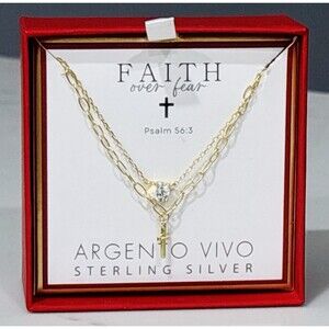 Argento Vivo Sterling Silver Cross Necklace Layered CZ Gold Tone Dainty NEW